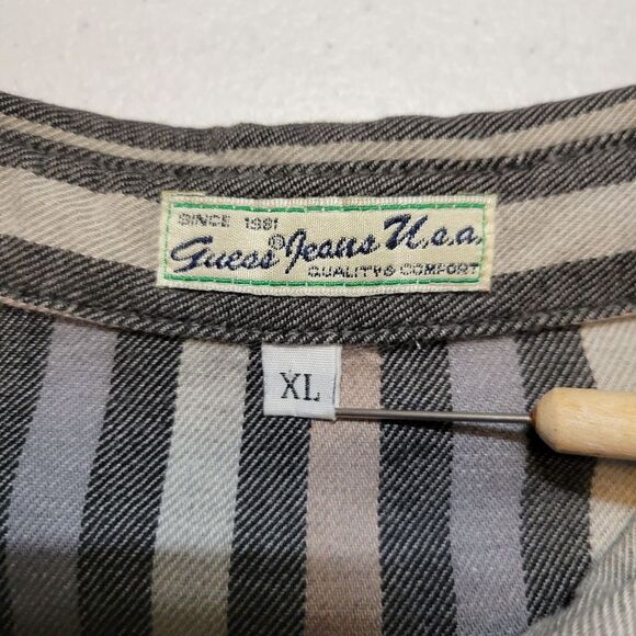 Guess Vintage 90s Men's Gray Striped Butyon Up Shirt Western Grunge Neutral - Picture 6 of 10